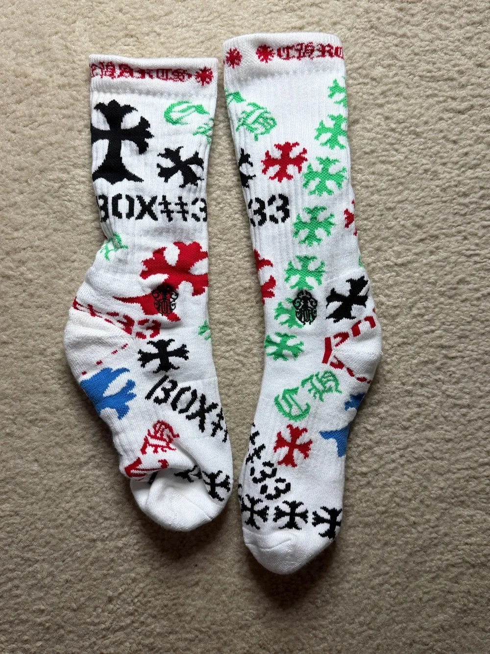 Men's White Graphic Crew Socks - Red & Black Accents
